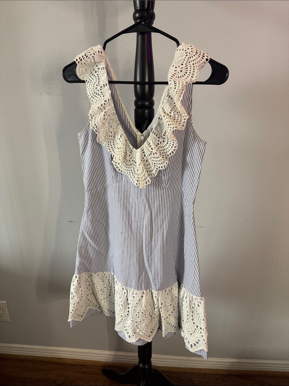 Lucy Paris Light Blue and White Striped Mini Dress with Lace Trim